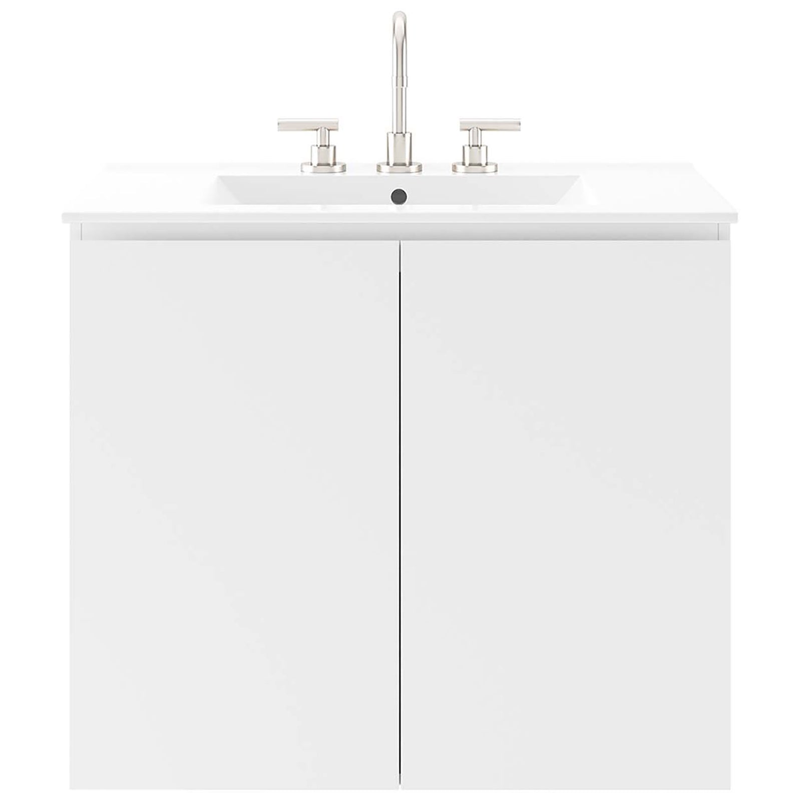 30-inch vanity styled with a two-handle faucet, highlighting the integrated sink and minimalist cabinet || EEI-5778-WHI-WHI || front_studio