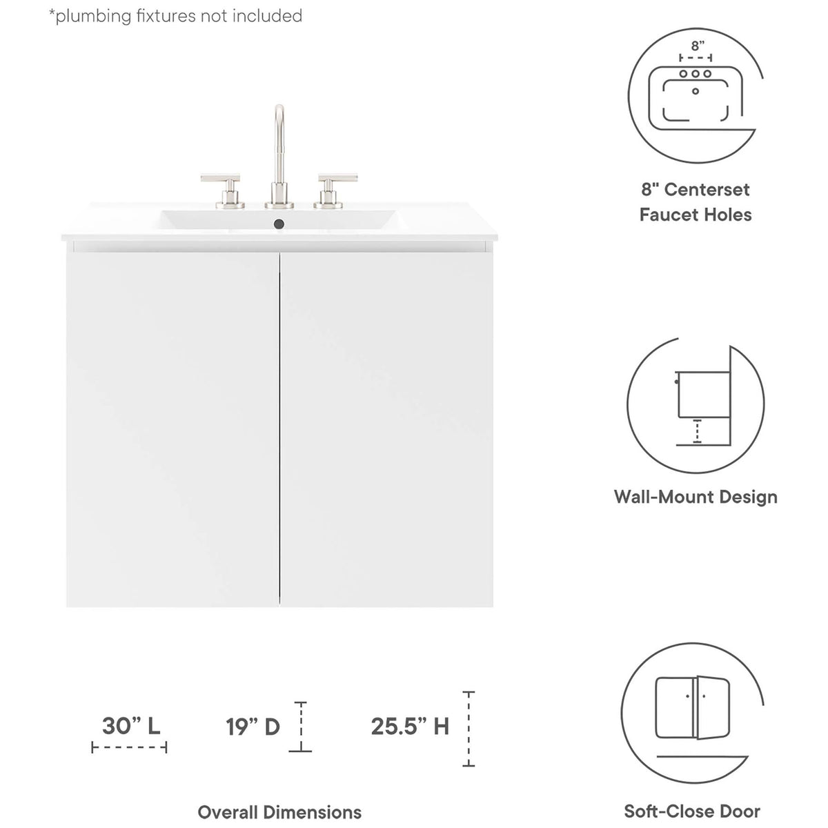Bryn 30-inch wall-mount vanity with soft-close doors, wall-hung design, and 8-inch faucet spacing || EEI-5778-WHI-WHI || dimension_studio