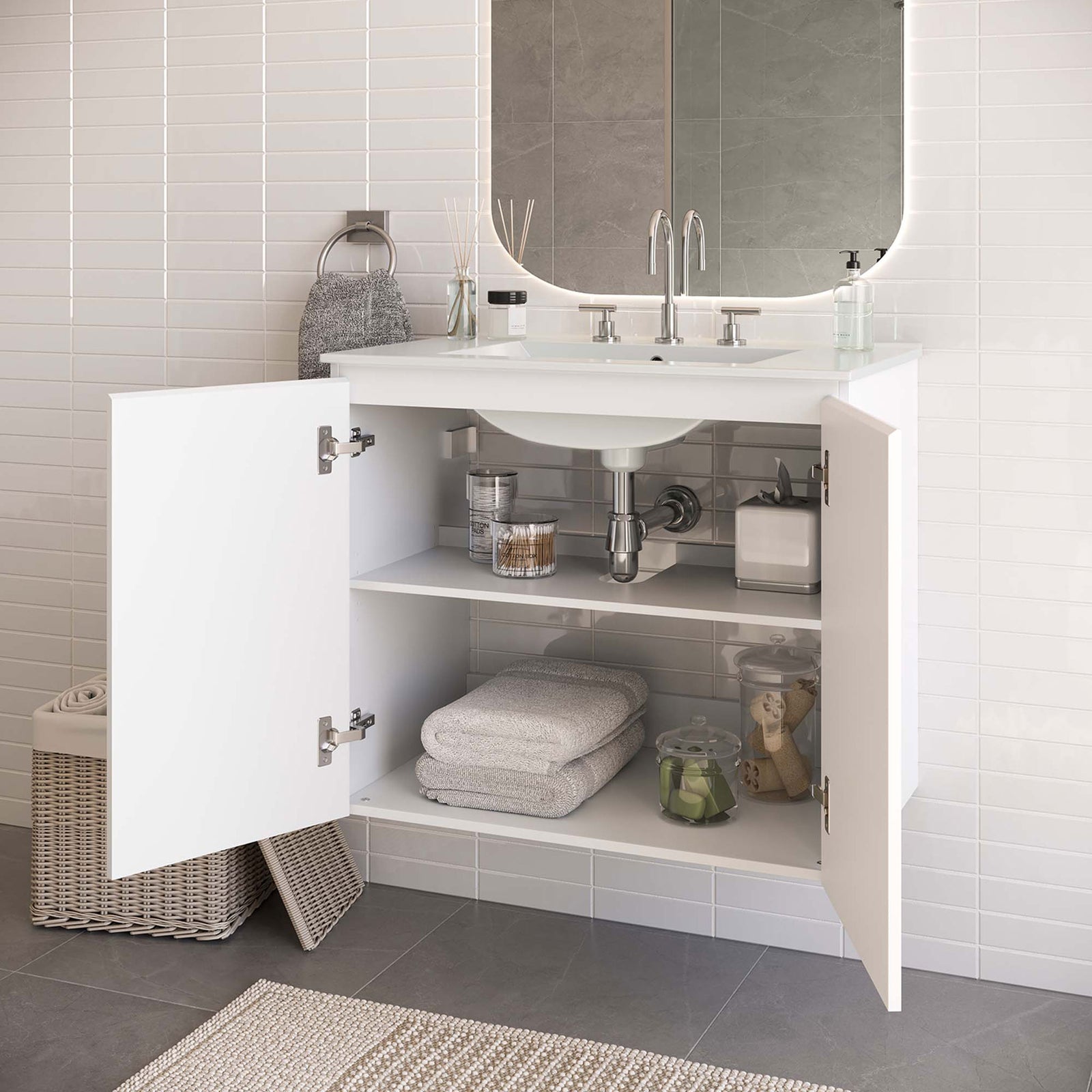 Open doors display roomy shelves and easy plumbing access on the 30-inch floating vanity || EEI-5778-WHI-WHI || front_angle_open_room