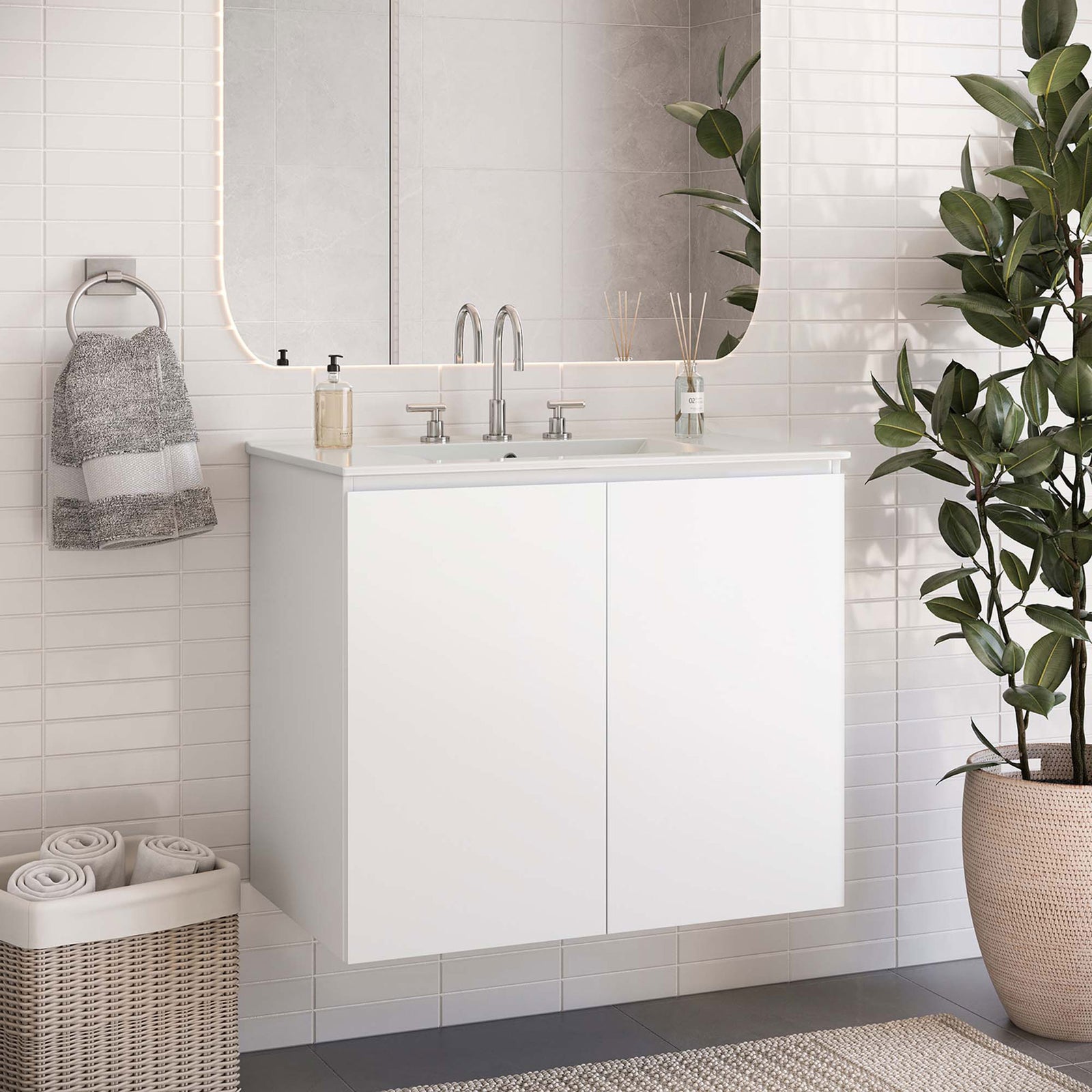Modern 30-inch floating vanity elevates the bathroom with clean lines and fresh white finish || EEI-5778-WHI-WHI || front_angle_room