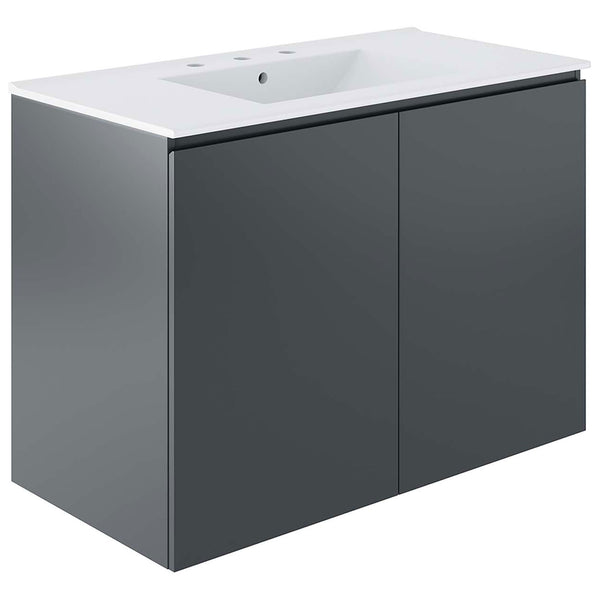Contemporary floating vanity with broad cabinet doors and integrated sink. || EEI-5779-GRY-WHI || front_angle_studio
