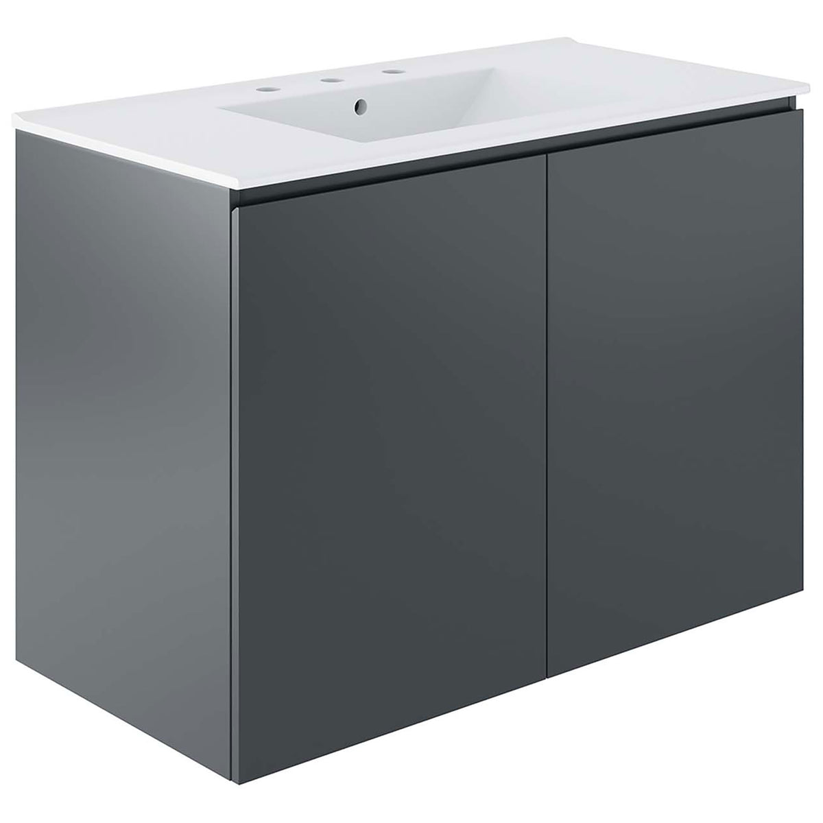 Contemporary floating vanity with broad cabinet doors and integrated sink. || EEI-5779-GRY-WHI || front_angle_studio