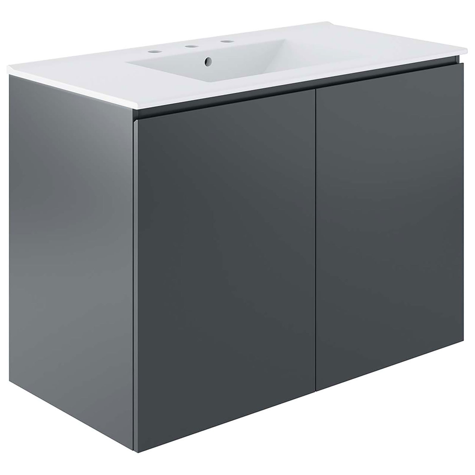 Contemporary floating vanity with broad cabinet doors and integrated sink. || EEI-5779-GRY-WHI || front_angle_studio