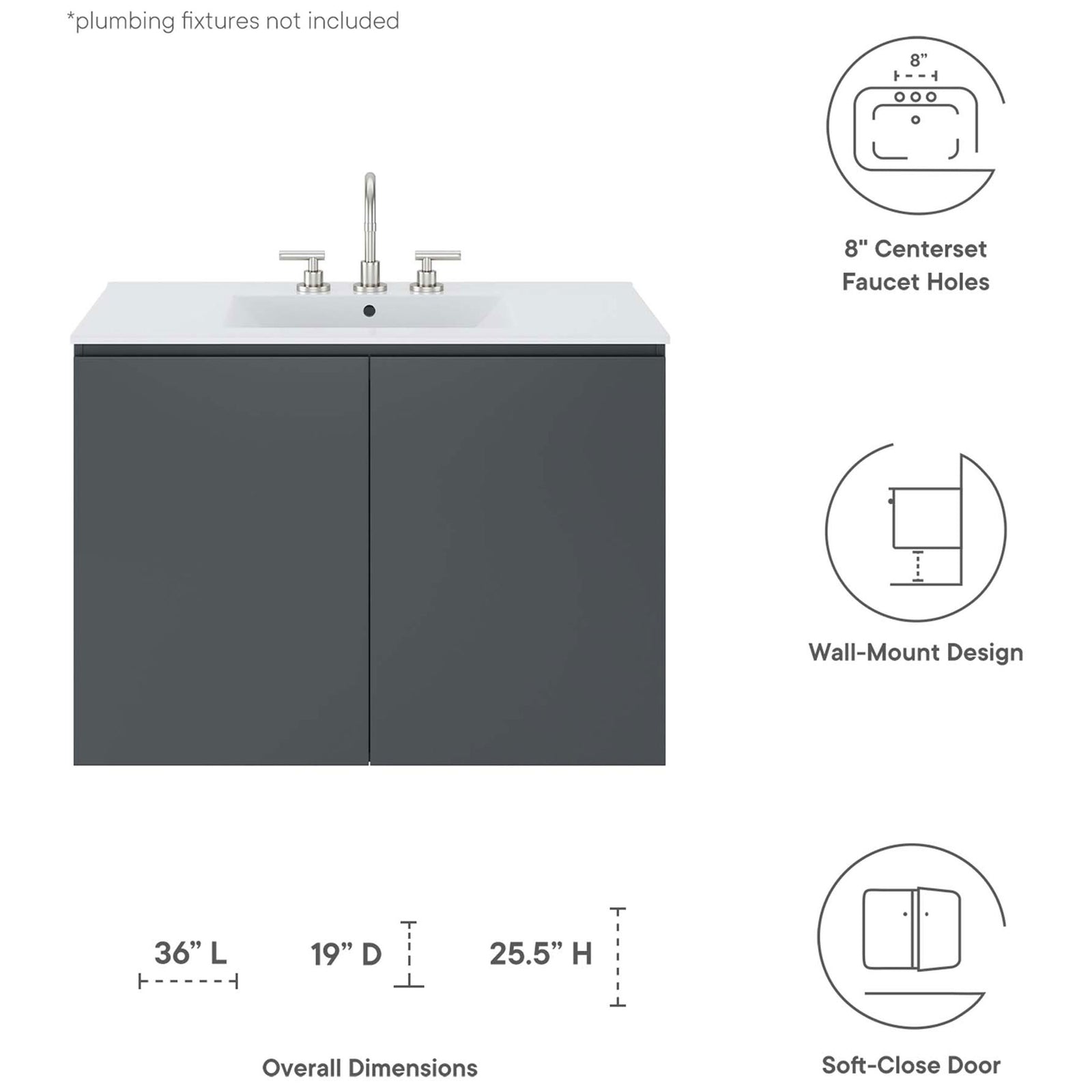Dimensions and wall-mount design highlights. || EEI-5779-GRY-WHI || dimension_studio