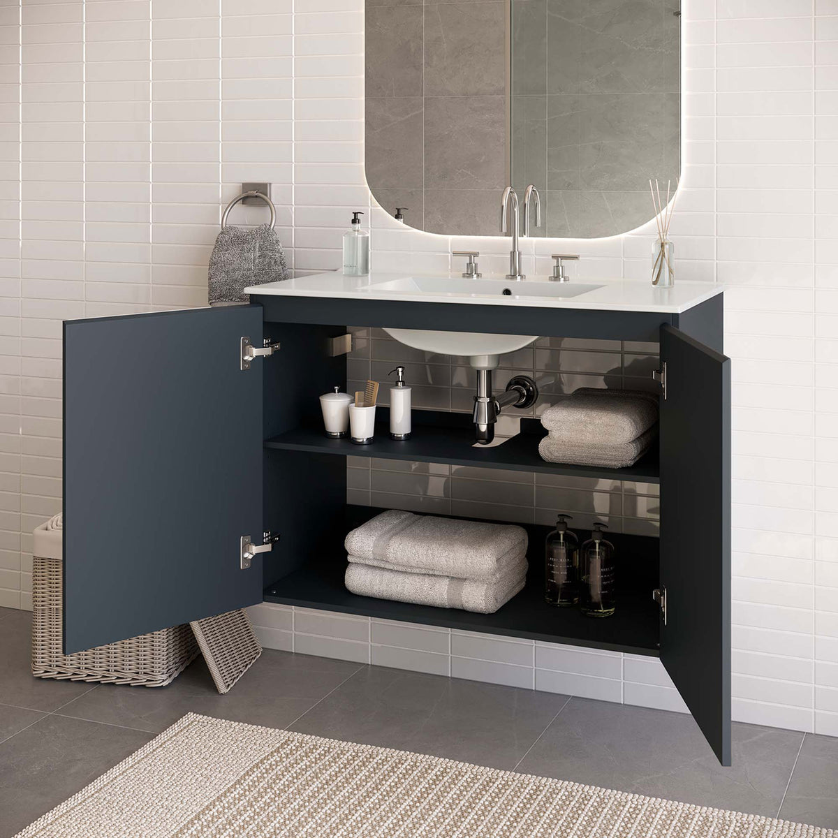 Open doors reveal generous storage capacity within the floating cabinet. || EEI-5779-GRY-WHI || front_angle_open_room