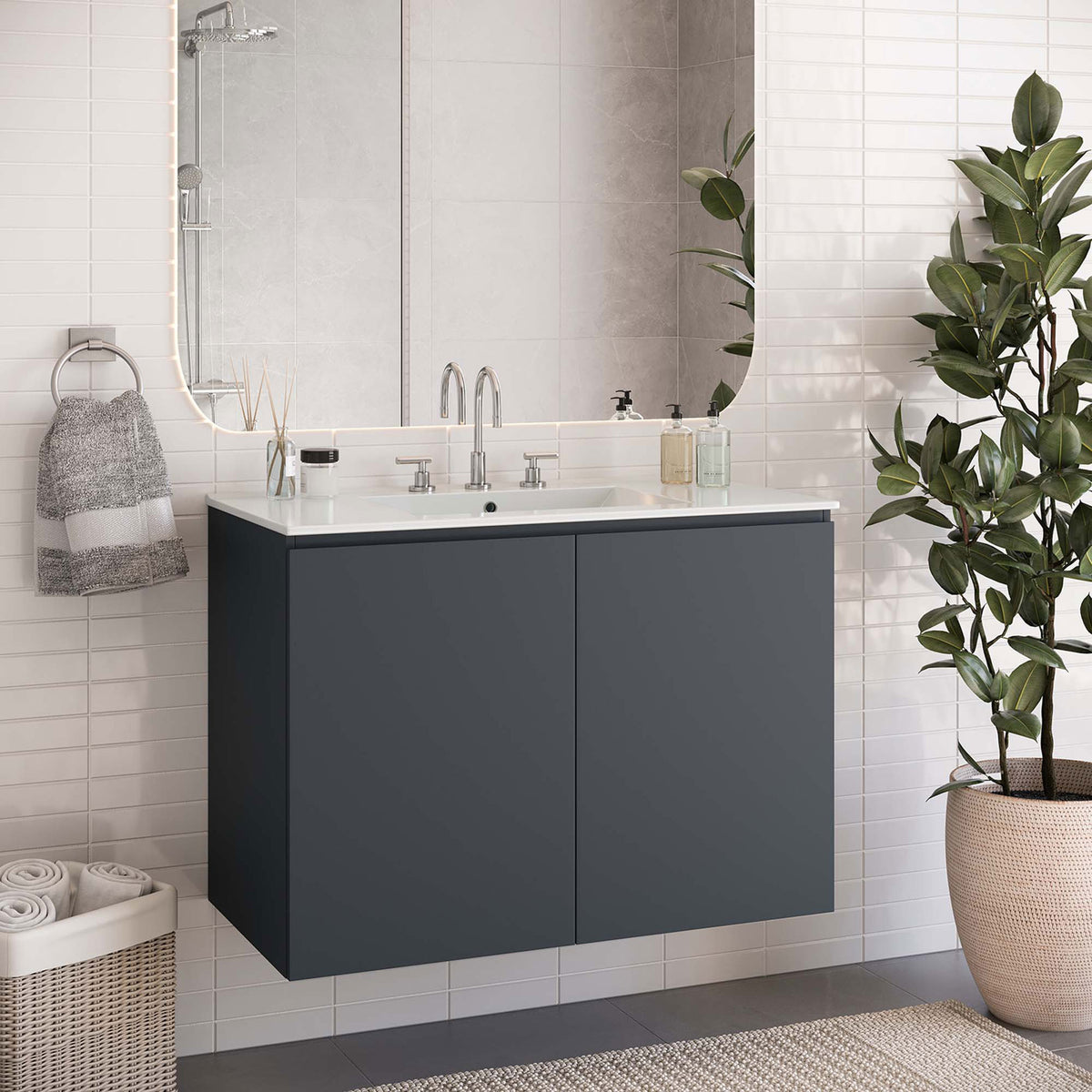 Calm bathroom setting with a sleek gray-and-white wall vanity. || EEI-5779-GRY-WHI || front_angle_room