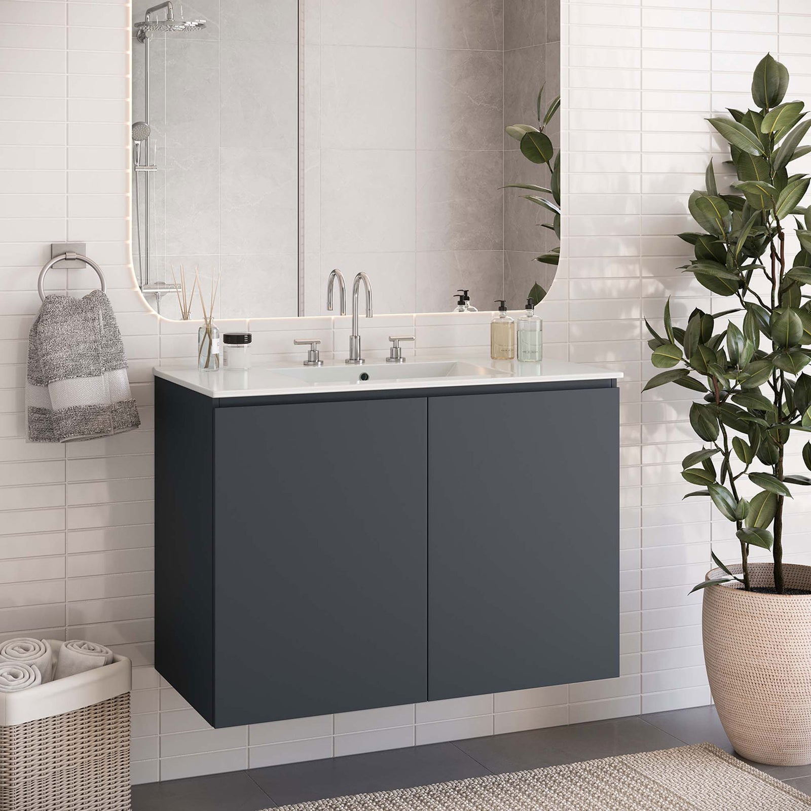 Calm bathroom setting with a sleek gray-and-white wall vanity. || EEI-5779-GRY-WHI || front_angle_room