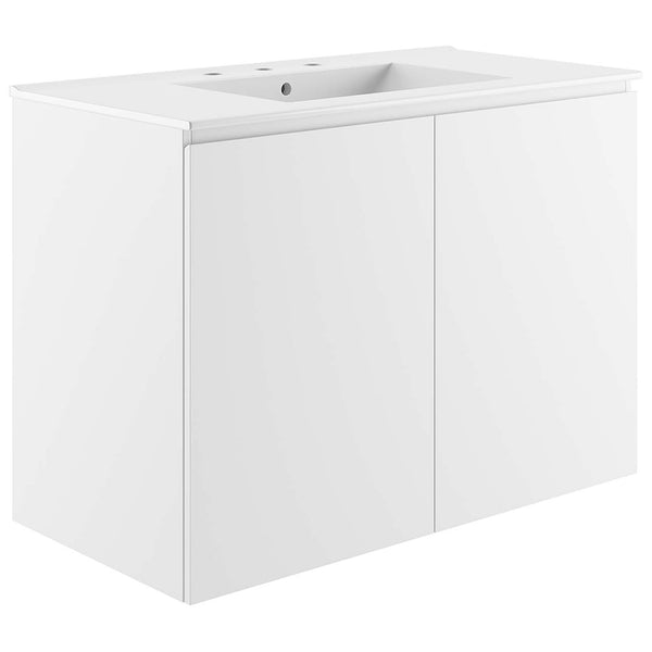Sleek 36-inch floating vanity with integrated ceramic sink and minimalist dual doors || EEI-5779-WHI-WHI || front_angle_studio