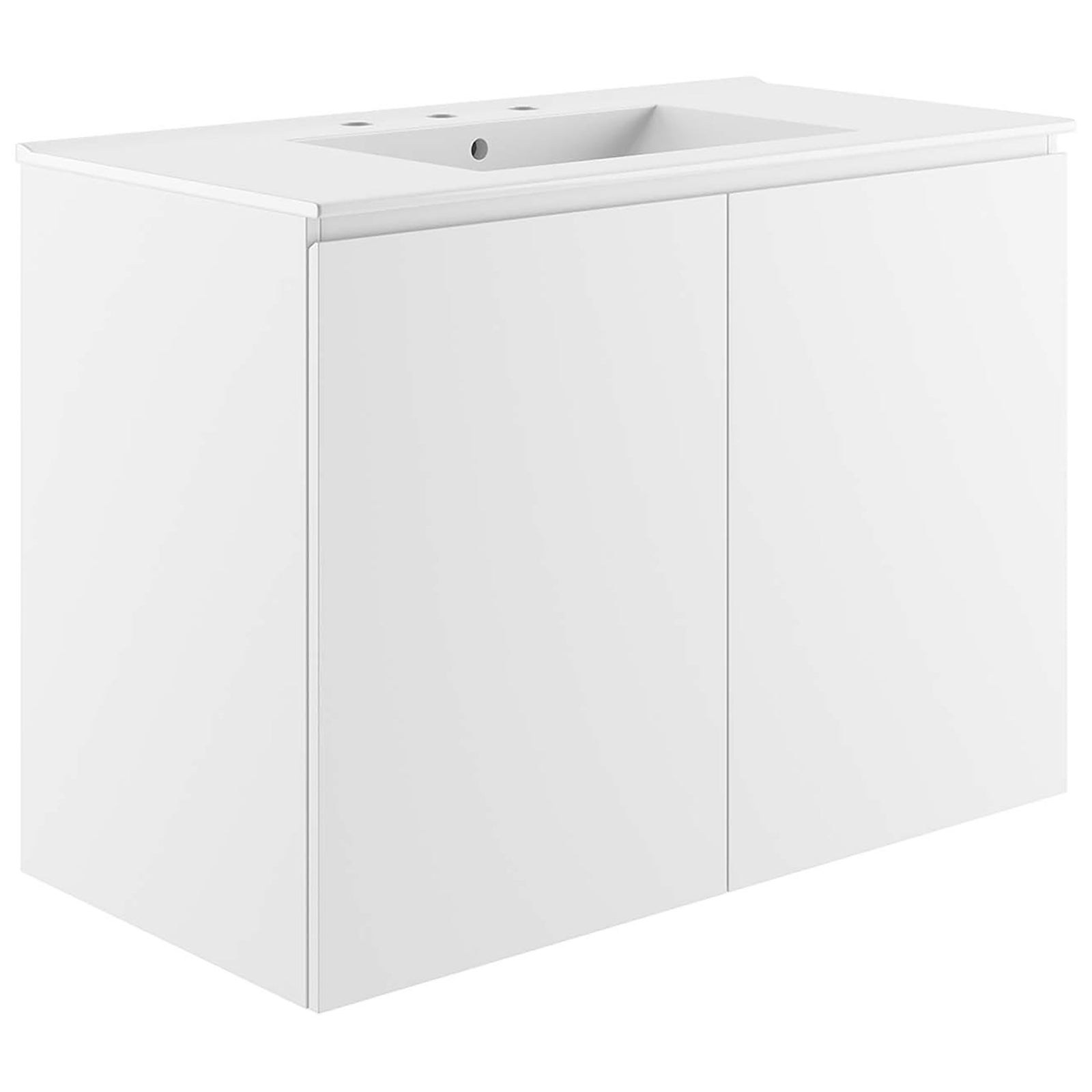 Sleek 36-inch floating vanity with integrated ceramic sink and minimalist dual doors || EEI-5779-WHI-WHI || front_angle_studio