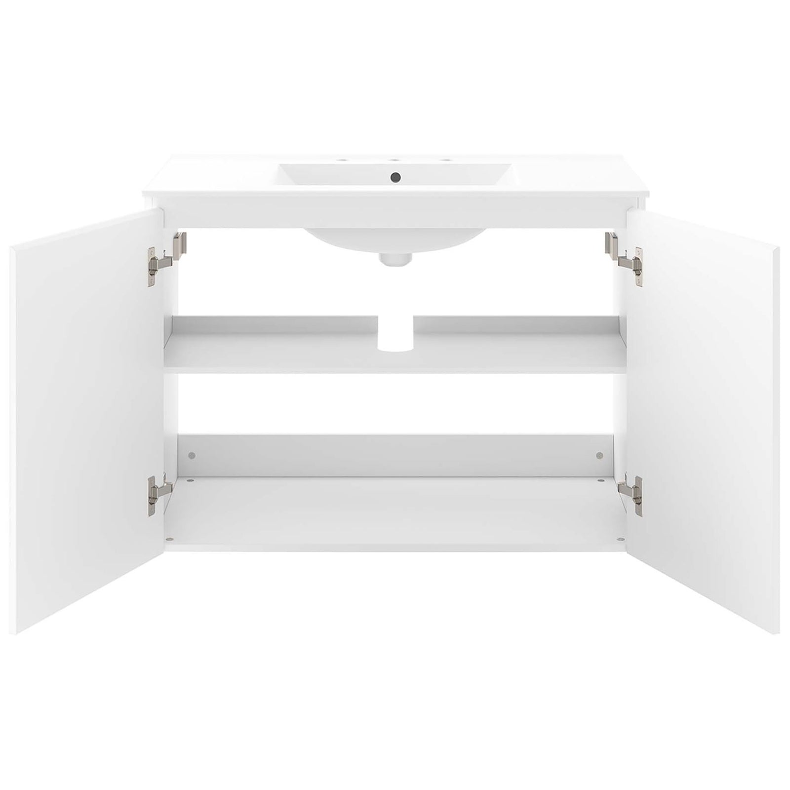 Generous 36-inch wall-mount vanity with wide storage shelves and plumbing cutout || EEI-5779-WHI-WHI || front_open_studio