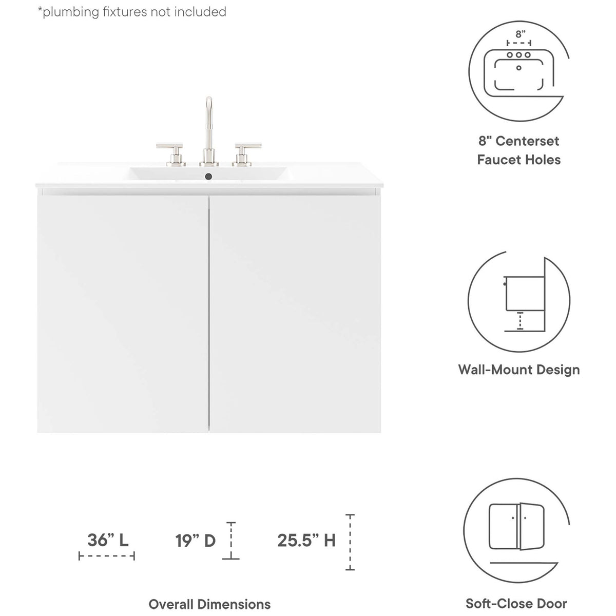 Bryn 36-inch wall-mount vanity featuring soft-close doors, wall-hung design, and 8-inch faucet spacing || EEI-5779-WHI-WHI || dimension_studio