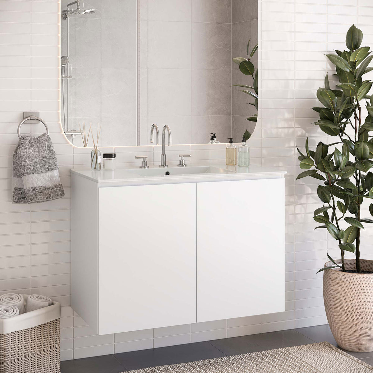 Modern 36-inch floating vanity anchors the bath with clean lines and bright white finish || EEI-5779-WHI-WHI || front_angle_room