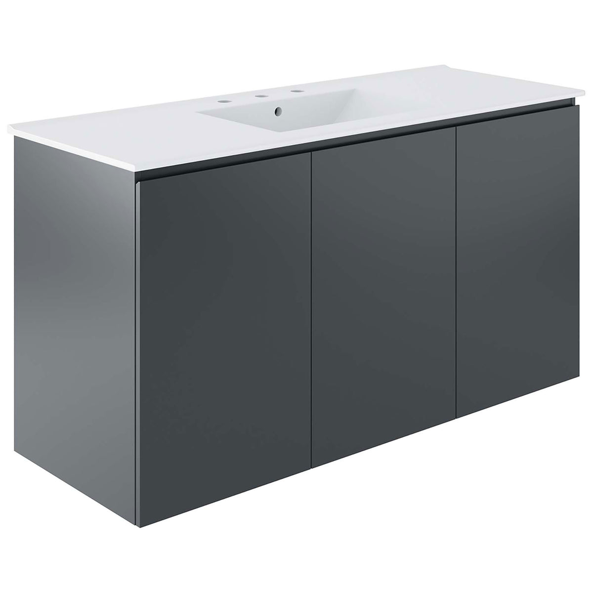 Sleek wall-mount gray vanity with integrated white basin and clean, handleless 3-door design || EEI-5780-GRY-WHI || front_angle_studio