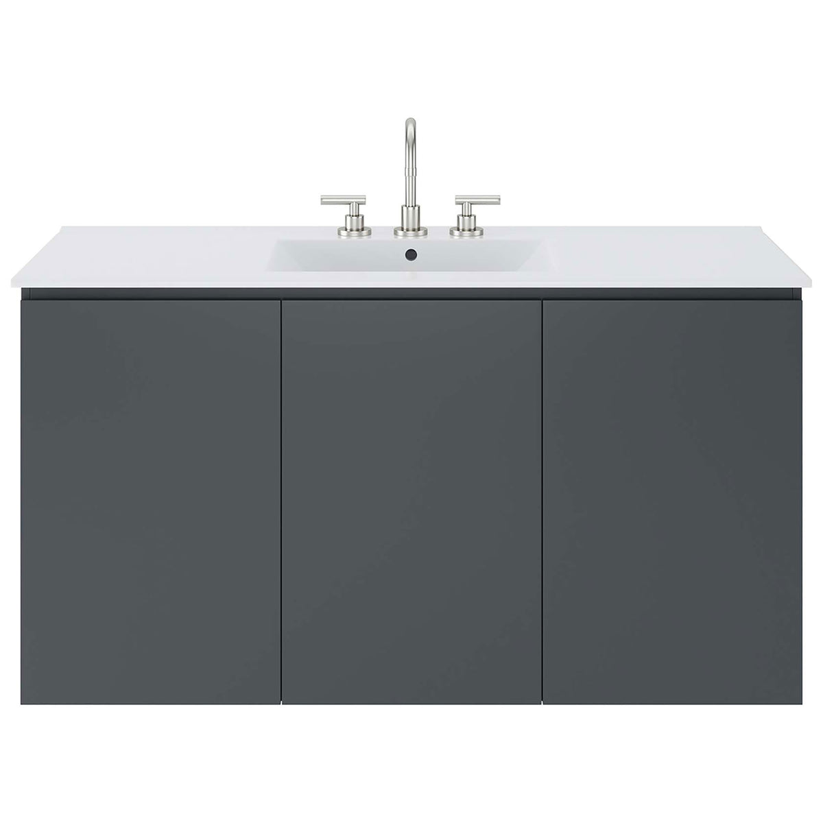 Modern slab-front vanity topped with a crisp white counter and rectangular basin || EEI-5780-GRY-WHI || front_studio