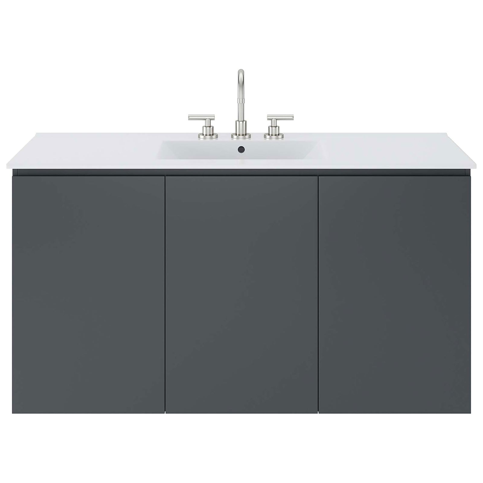 Modern slab-front vanity topped with a crisp white counter and rectangular basin || EEI-5780-GRY-WHI || front_studio