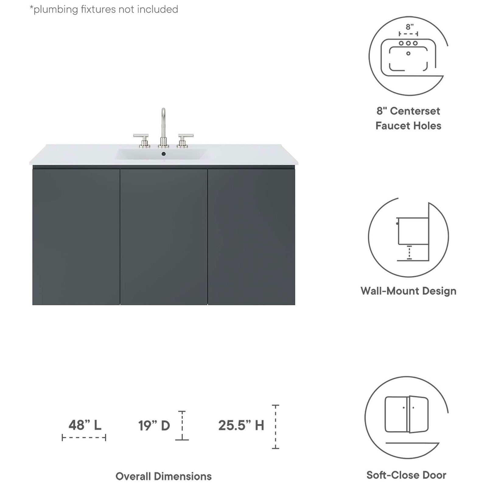 Key features and dimensions for the Bryn 48-inch wall-mount vanity || EEI-5780-GRY-WHI || dimension_studio