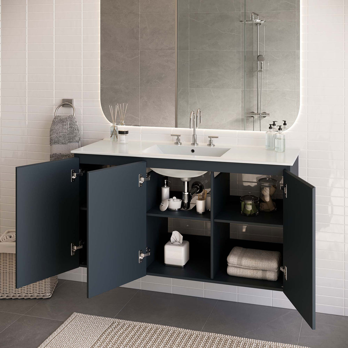 Organized storage and plumbing access in a modern bathroom setting || EEI-5780-GRY-WHI || front_open_room