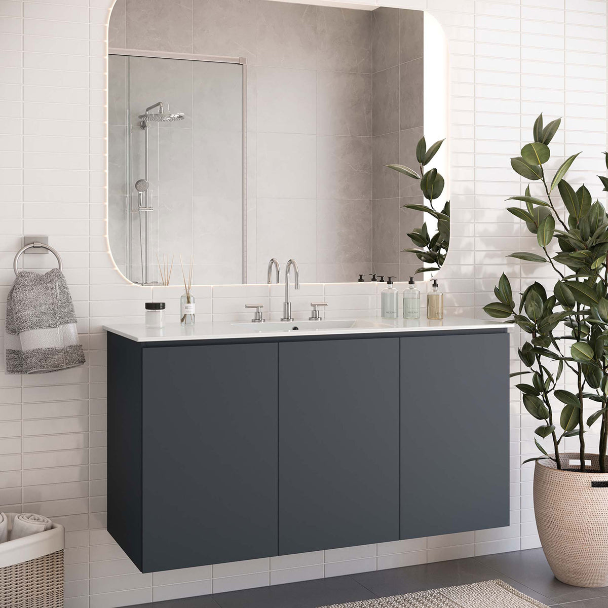 Wall-mounted vanity creates a clean, floating look in a bright bathroom setting || EEI-5780-GRY-WHI || front_room