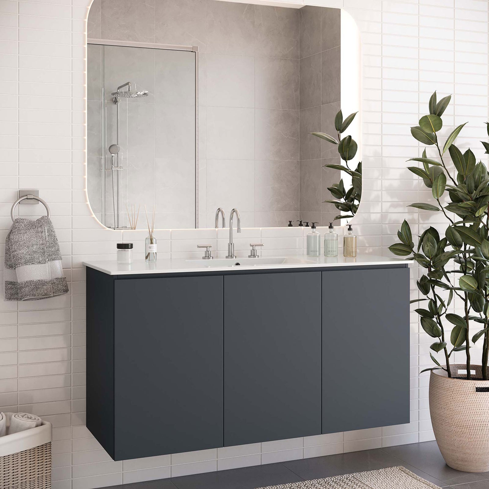 Wall-mounted vanity creates a clean, floating look in a bright bathroom setting || EEI-5780-GRY-WHI || front_room