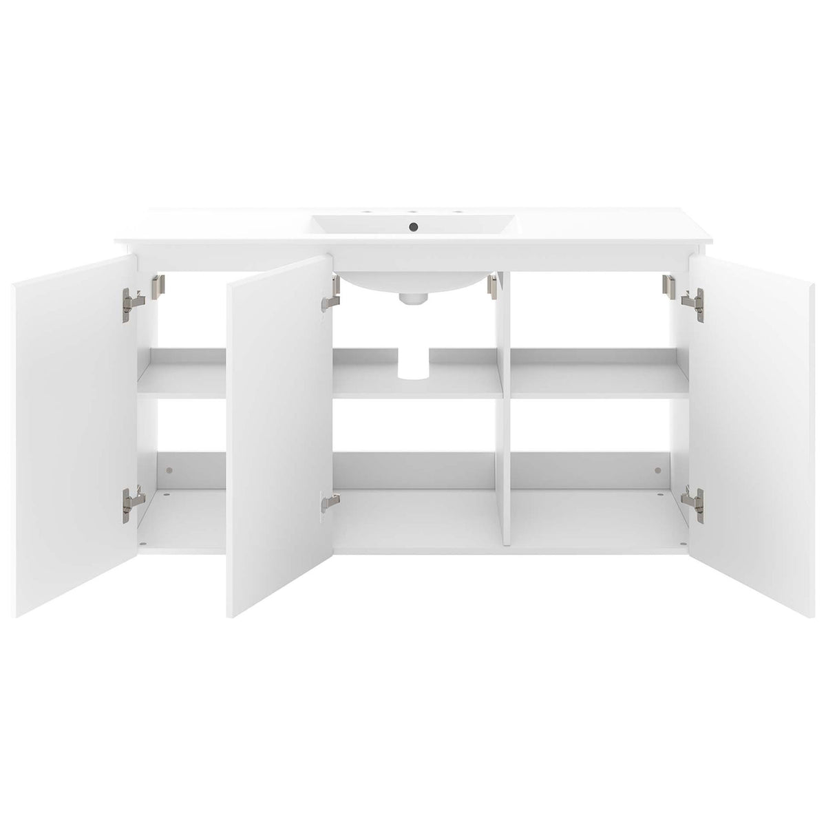 Spacious storage behind three soft-close doors with adjustable shelves and plumbing cutout || EEI-5780-WHI-WHI || front_open_studio