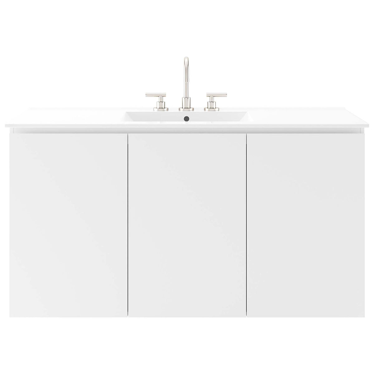 Modern three-door wall-mount vanity with seamless fronts and an integrated ceramic sink || EEI-5780-WHI-WHI || front_studio