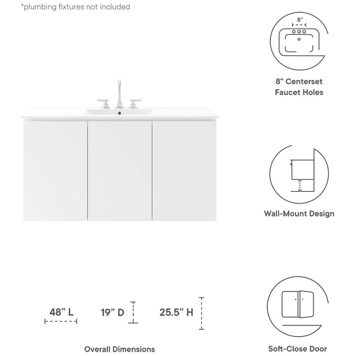 Feature highlights include wall-mount design, soft-close doors, and overall 48 x 19 x 25.5 in dimensions || EEI-5780-WHI-WHI || dimension_studio
