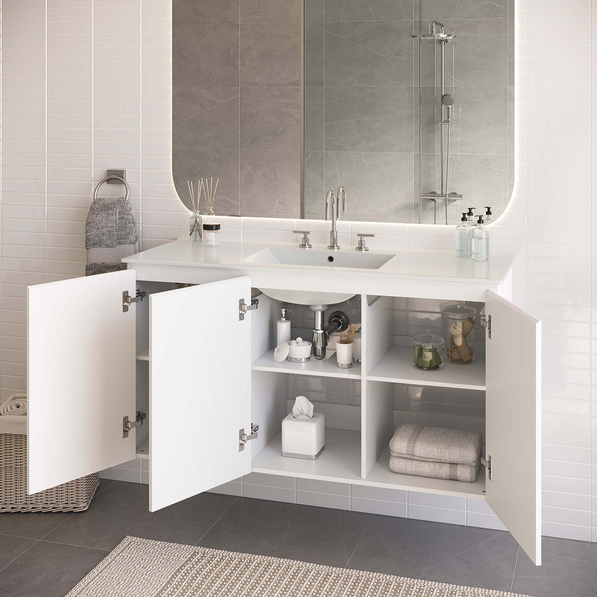 Wall-mounted vanity with doors open for easy access and organized storage in a contemporary bath || EEI-5780-WHI-WHI || front_open_room