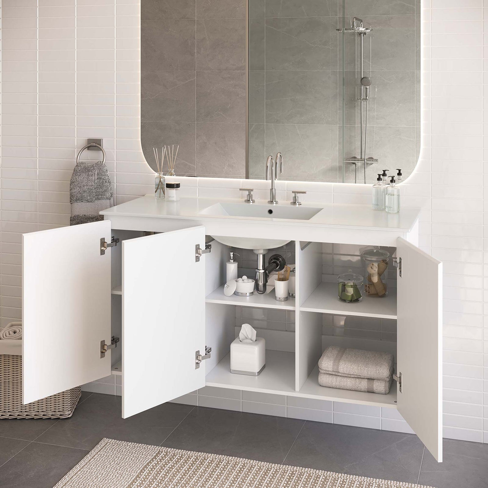 Wall-mounted vanity with doors open for easy access and organized storage in a contemporary bath || EEI-5780-WHI-WHI || front_open_room
