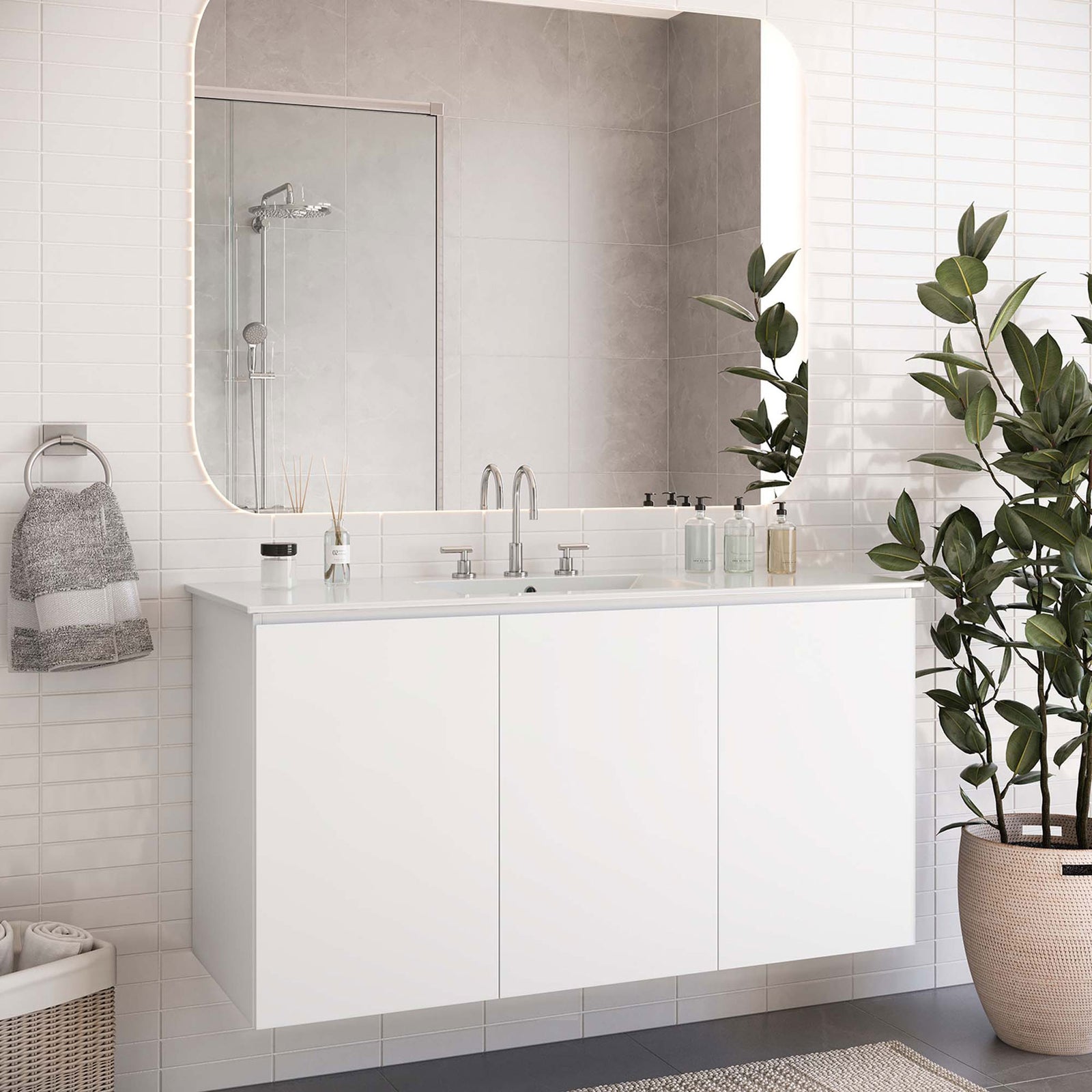 Floating white vanity elevates the bath with a streamlined look and an integrated ceramic sink || EEI-5780-WHI-WHI || front_room
