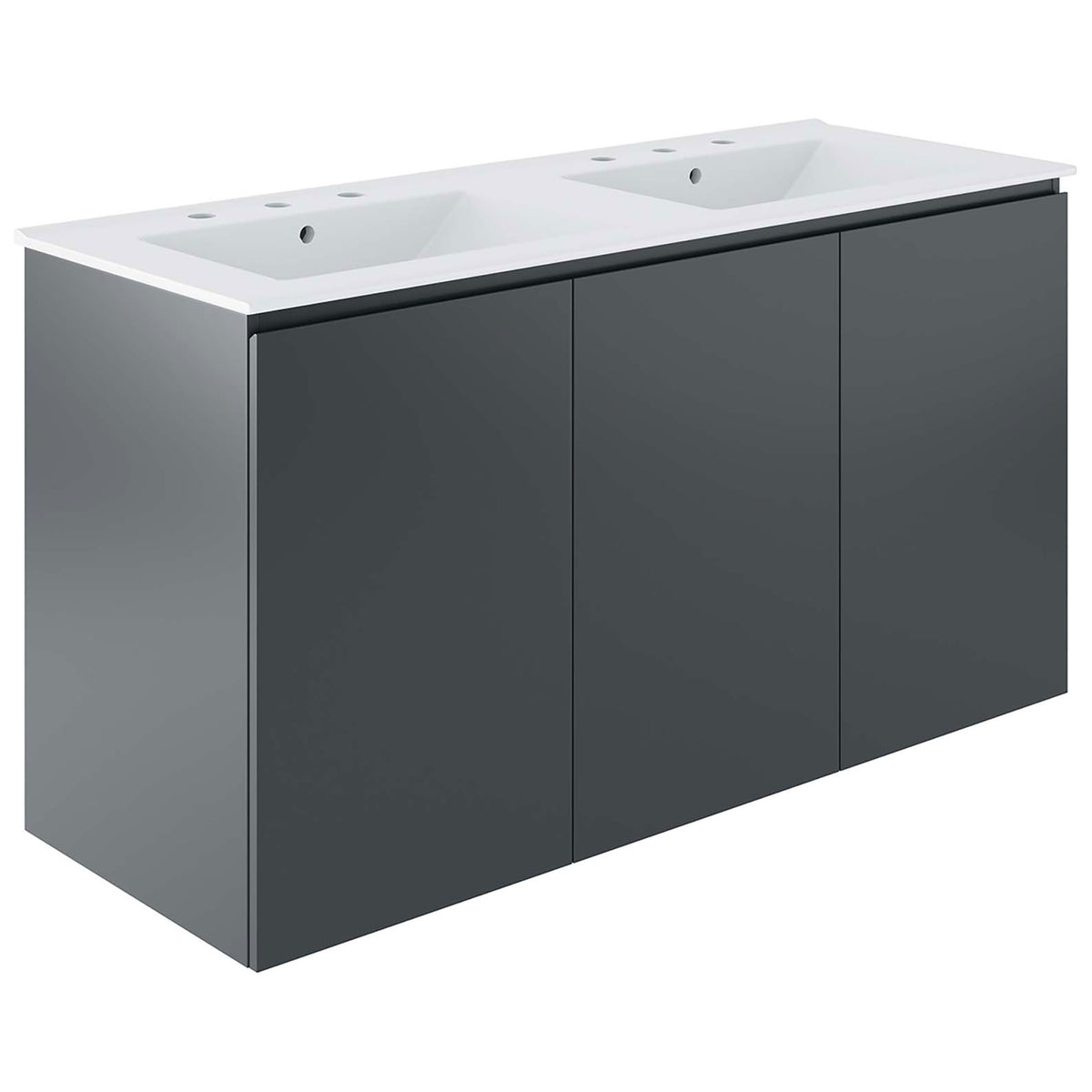 Sleek gray cabinet with an integrated white double sink and minimalist, handleless doors || EEI-5781-GRY-WHI || front_angle_studio