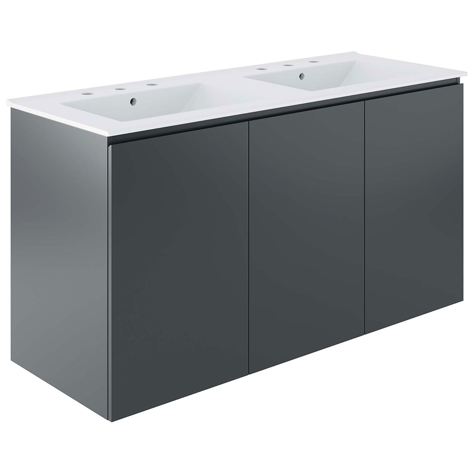 Sleek gray cabinet with an integrated white double sink and minimalist, handleless doors || EEI-5781-GRY-WHI || front_angle_studio