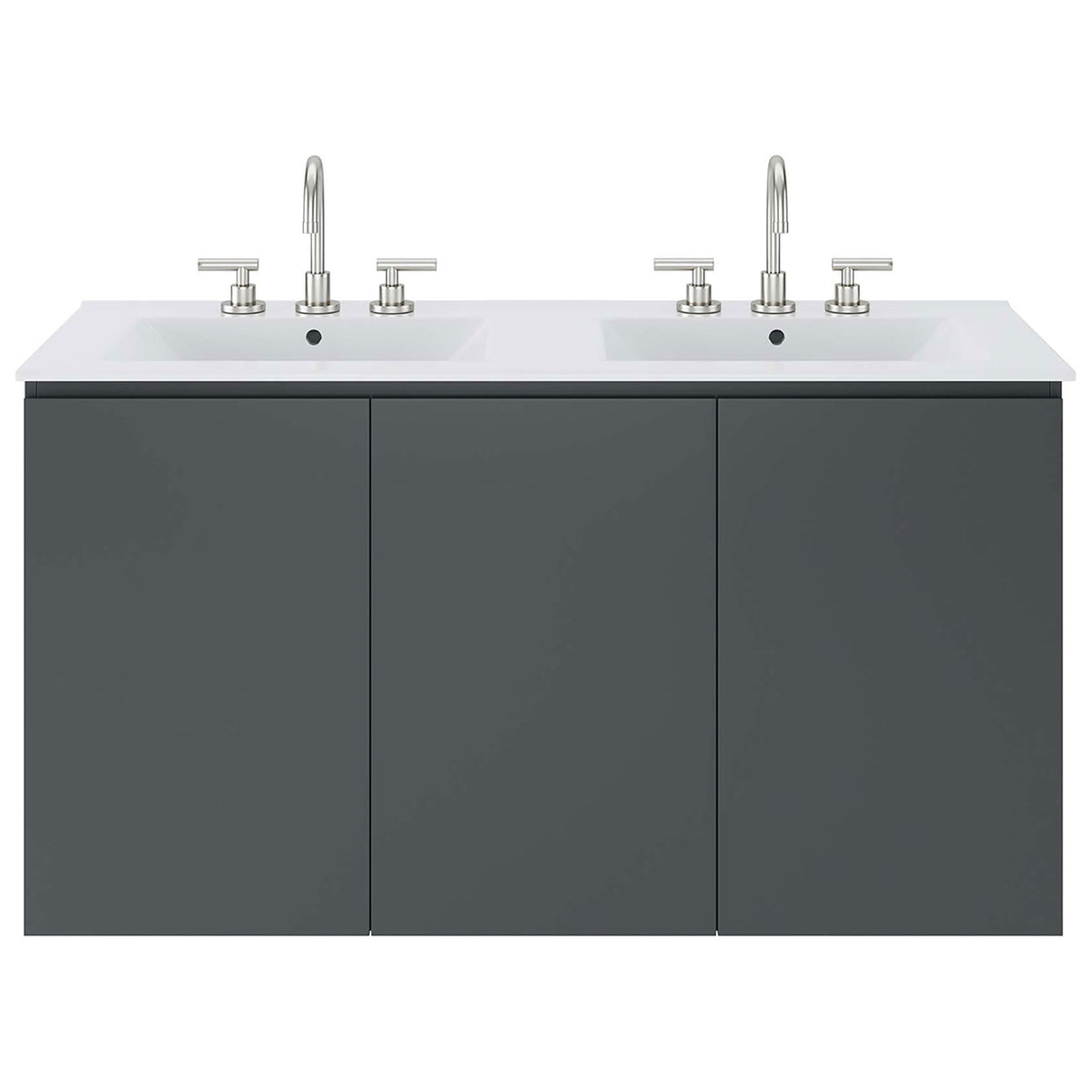 Modern gray vanity with a white double sink, styled with brushed faucets for a polished look || EEI-5781-GRY-WHI || front_studio