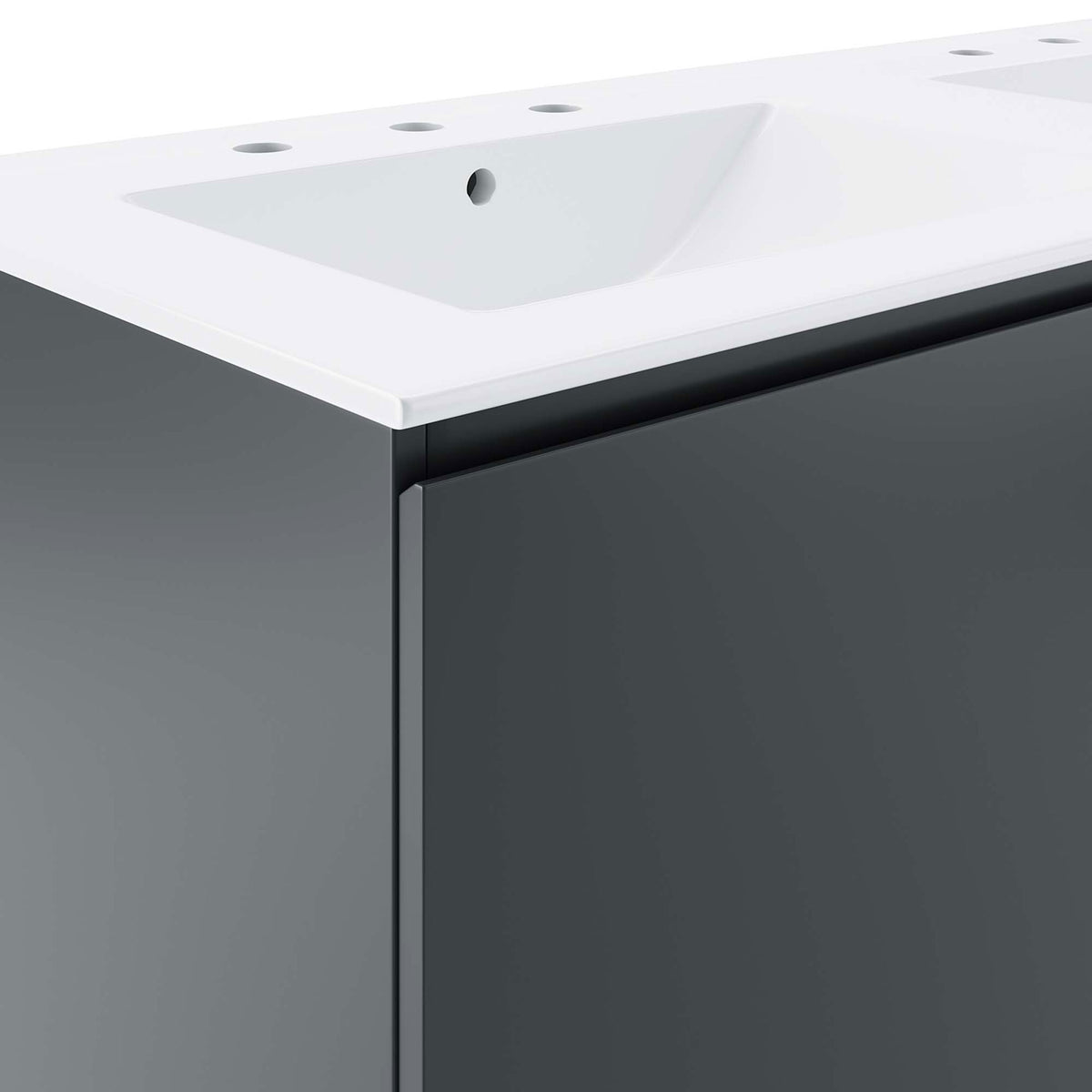 Clean edge detailing and a flush, handleless door design beneath the crisp white sink top || EEI-5781-GRY-WHI || detail_studio