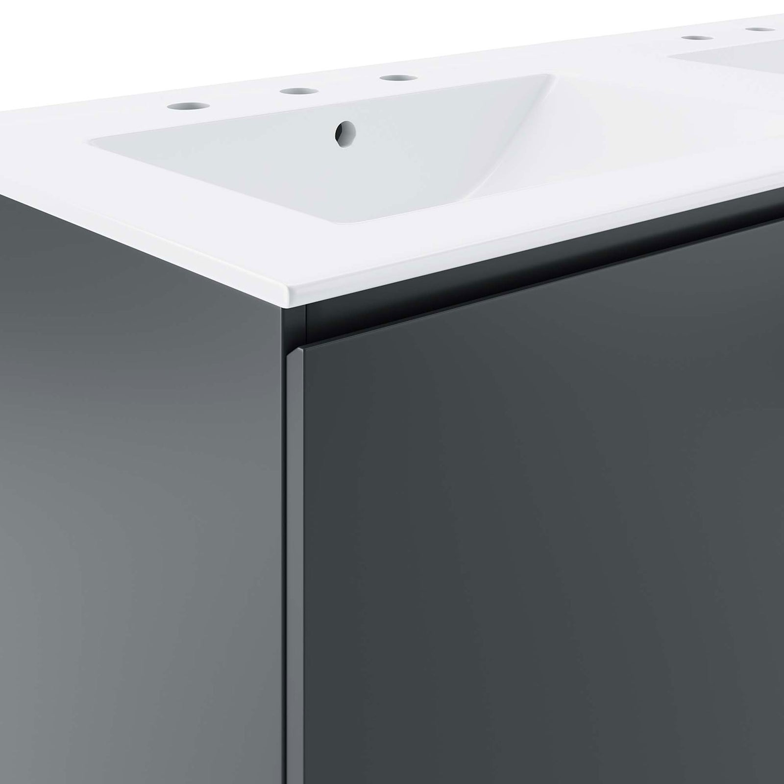 Clean edge detailing and a flush, handleless door design beneath the crisp white sink top || EEI-5781-GRY-WHI || detail_studio