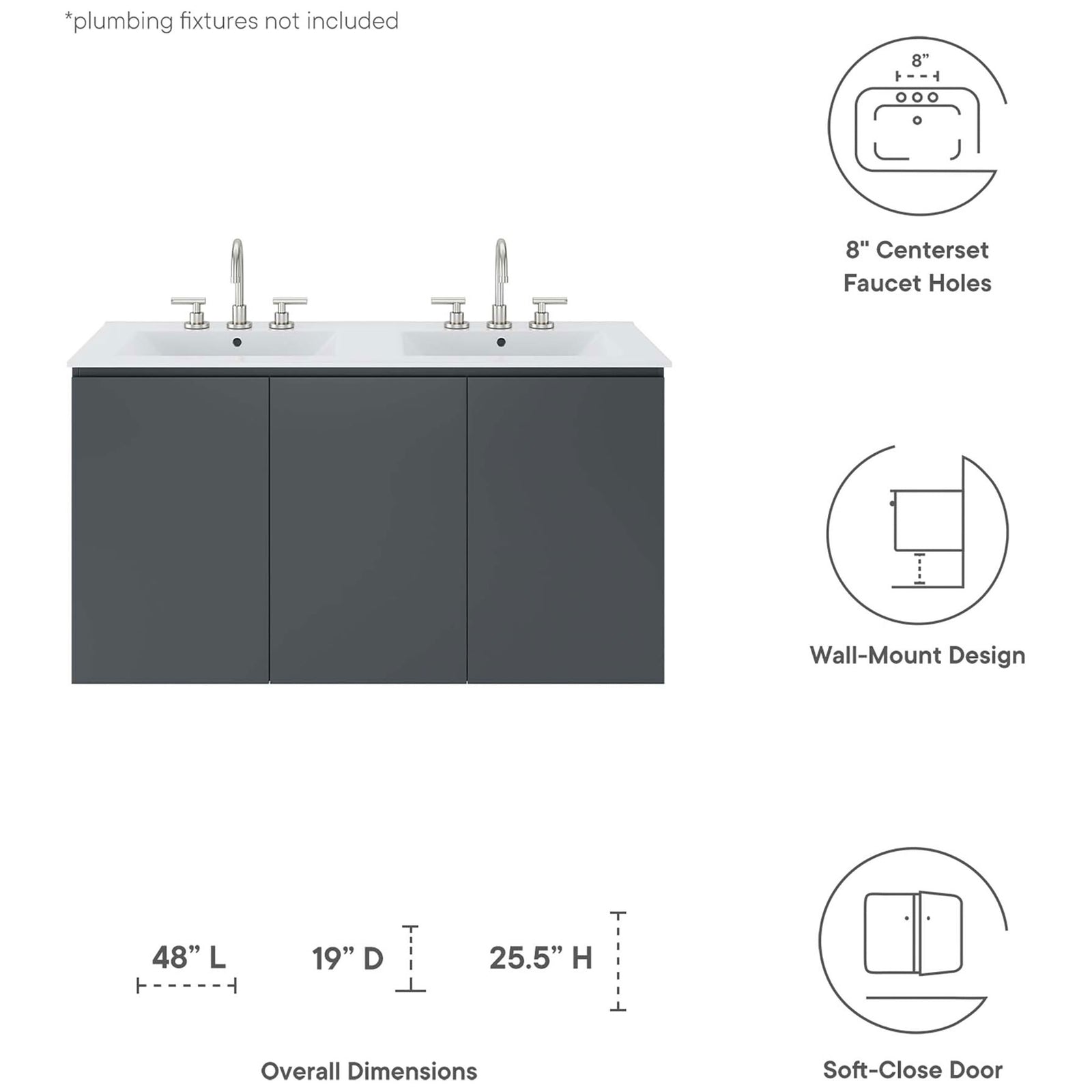 Key features and overall dimensions for the Bryn 48-inch wall-mount double sink vanity || EEI-5781-GRY-WHI || dimension_studio