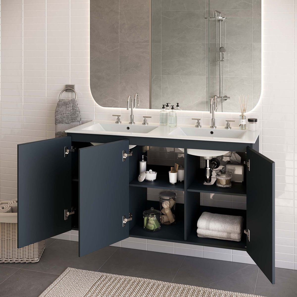 Floating double-sink vanity with doors open to generous shelving in a bright, modern bathroom || EEI-5781-GRY-WHI || front_open_room