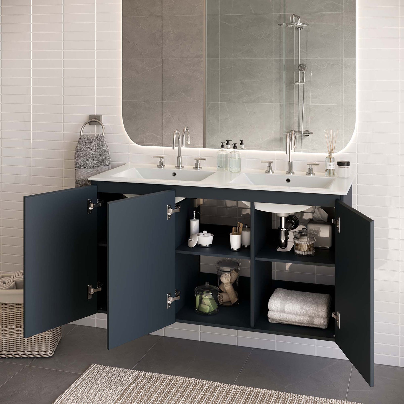 Floating double-sink vanity with doors open to generous shelving in a bright, modern bathroom || EEI-5781-GRY-WHI || front_open_room