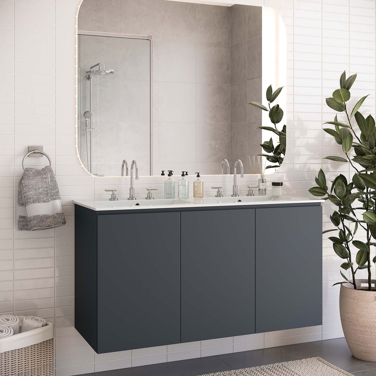 Floating gray cabinet with a seamless white double-sink top complements a clean, contemporary bath || EEI-5781-GRY-WHI || front_room