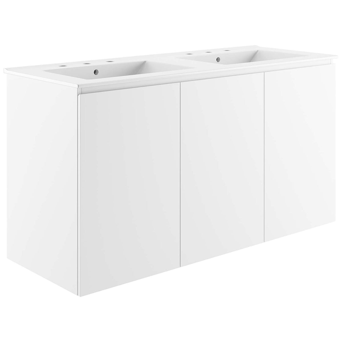 Sleek wall-mounted double vanity with integrated dual ceramic sinks and clean lines || EEI-5781-WHI-WHI || front_angle_studio