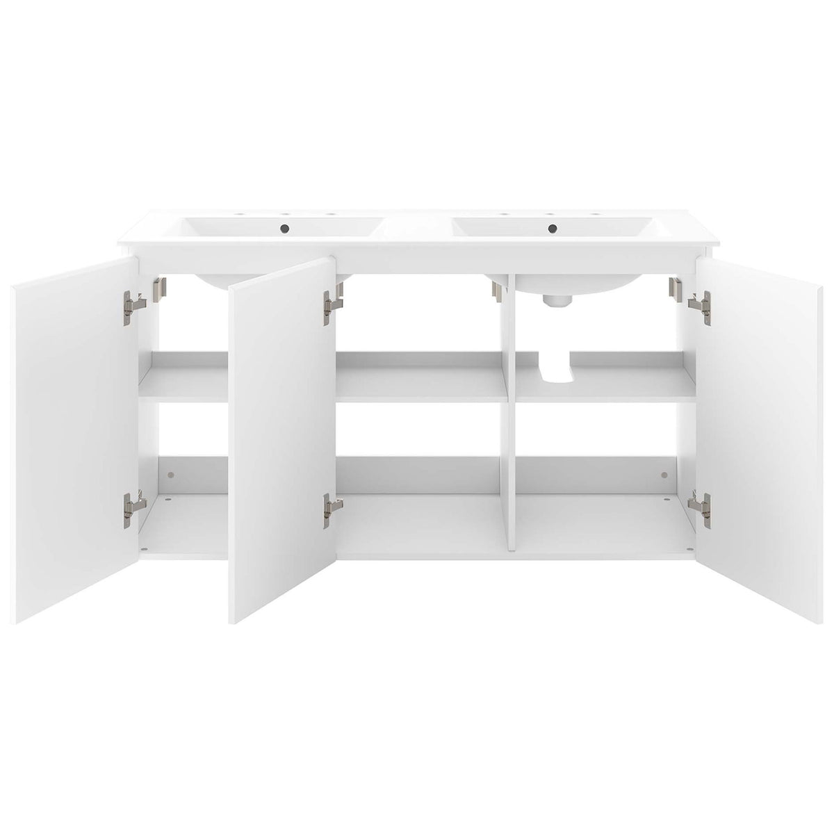 Three soft-close doors open to reveal shelving and a plumbing cutout || EEI-5781-WHI-WHI || front_open_studio
