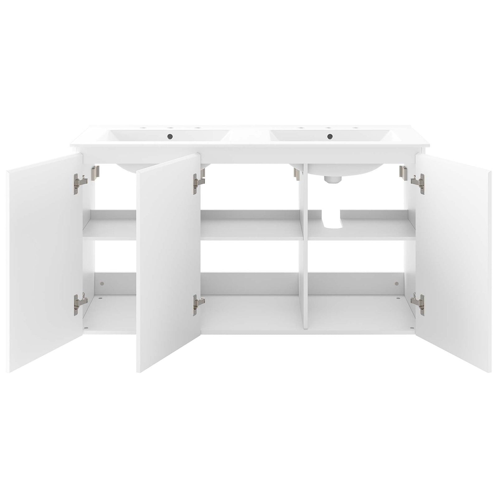 Three soft-close doors open to reveal shelving and a plumbing cutout || EEI-5781-WHI-WHI || front_open_studio