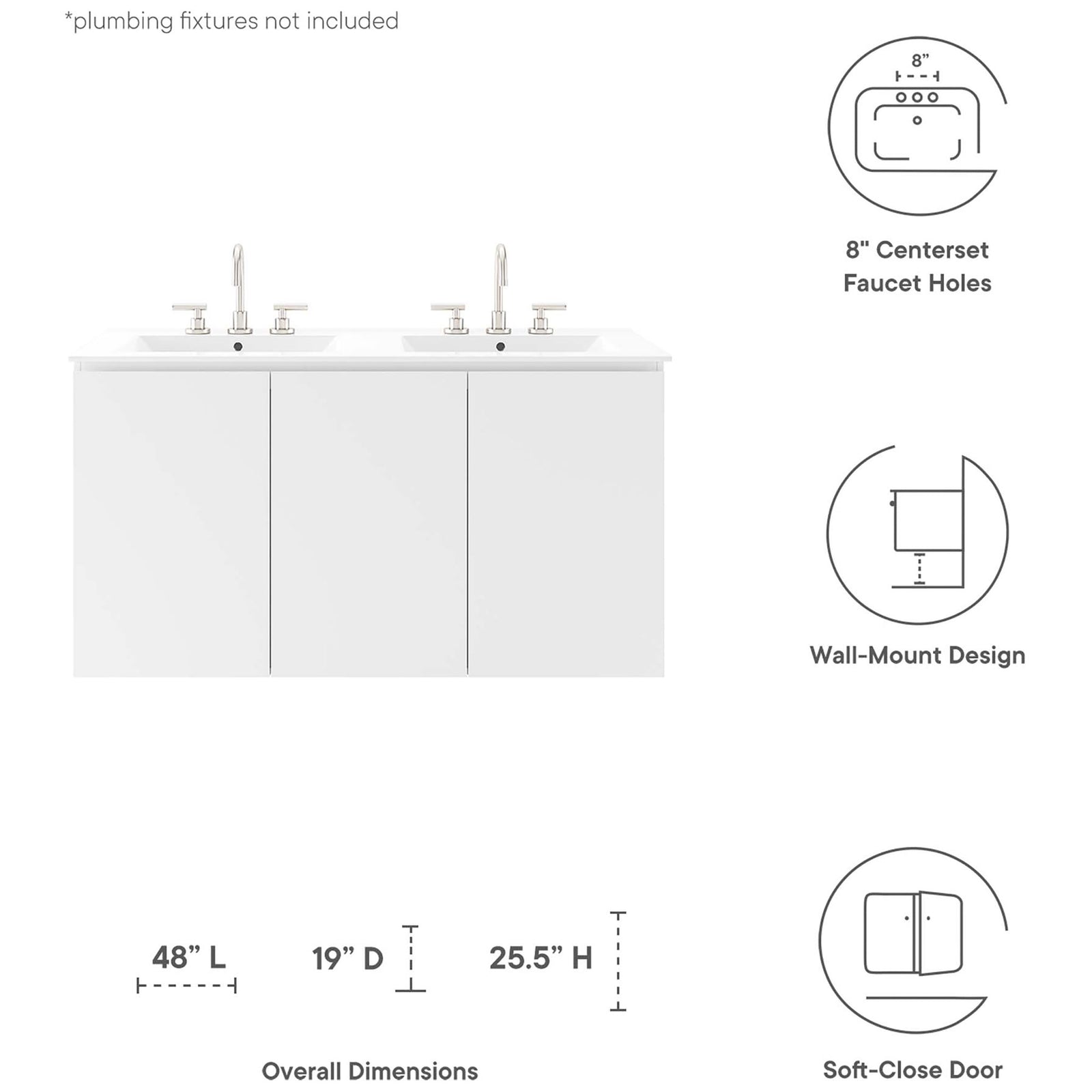 Key features and overall dimensions for the Bryn 48-inch wall-mounted double vanity || EEI-5781-WHI-WHI || dimension_studio