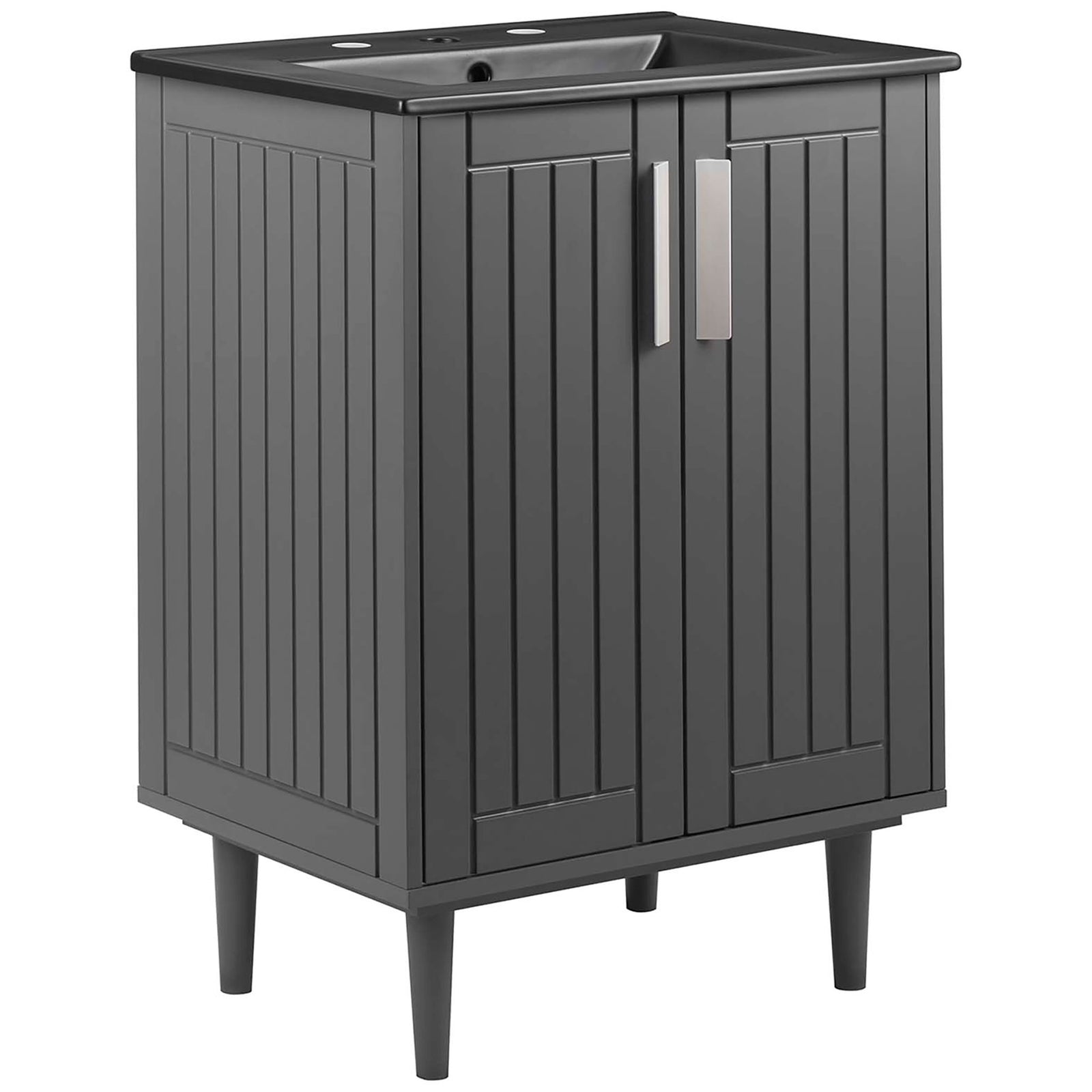 Modern gray-black vanity with paneled doors, tapered legs, and an integrated black ceramic sink || EEI-5800-GRY-BLK || front_angle_studio