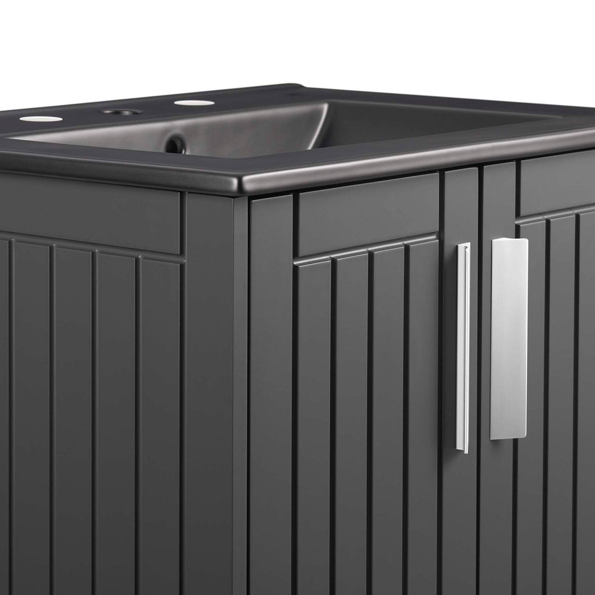 Brushed metal bar pulls and vertical slat detail add modern texture || EEI-5800-GRY-BLK || handle_studio
