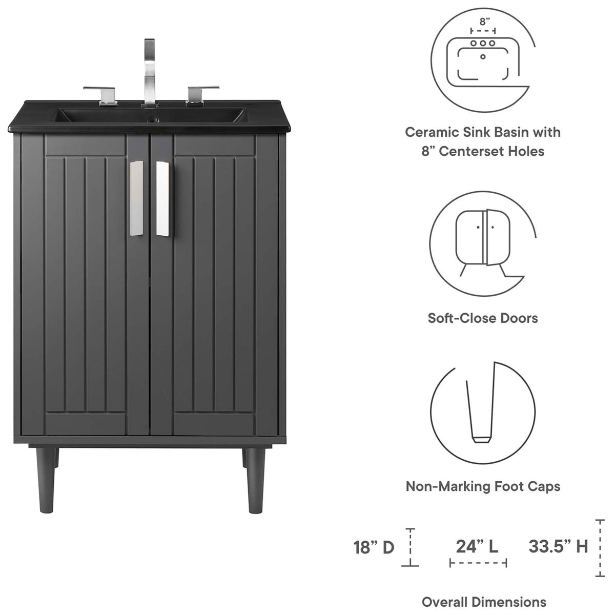 Key features and overall dimensions of the Augusta 24-inch vanity || EEI-5800-GRY-BLK || dimension_studio