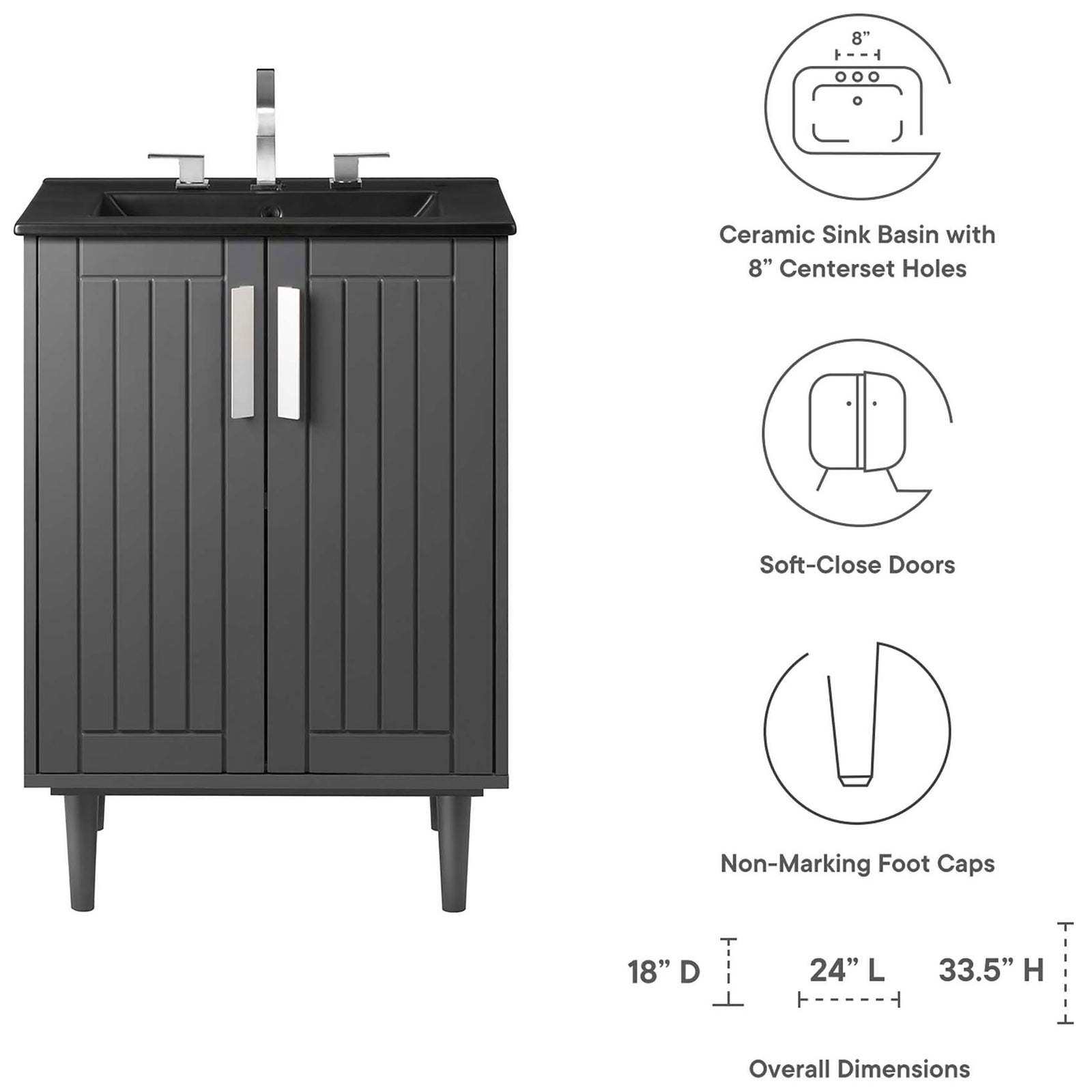 Key features and overall dimensions of the Augusta 24-inch vanity || EEI-5800-GRY-BLK || dimension_studio