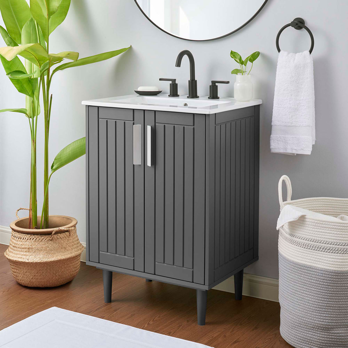 Modern gray vanity with white top brings clean, tailored style to the bath || EEI-5800-GRY-WHI || front_angle_room