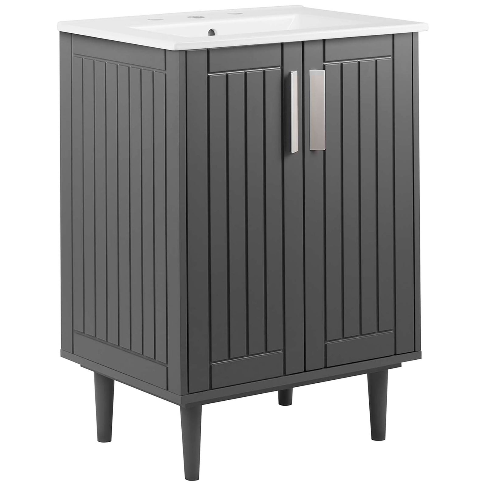 Clean-lined gray vanity with slatted doors, satin-finish pulls, and a bright white integrated sink || EEI-5800-GRY-WHI || front_angle_studio
