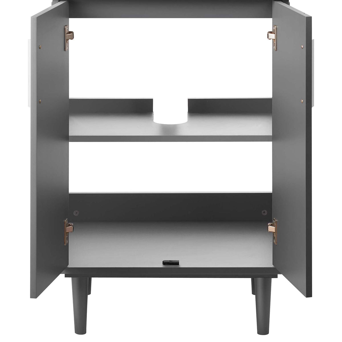 Spacious two-shelf storage and rear plumbing cutout behind dual doors || EEI-5800-GRY-WHI || front_open_studio