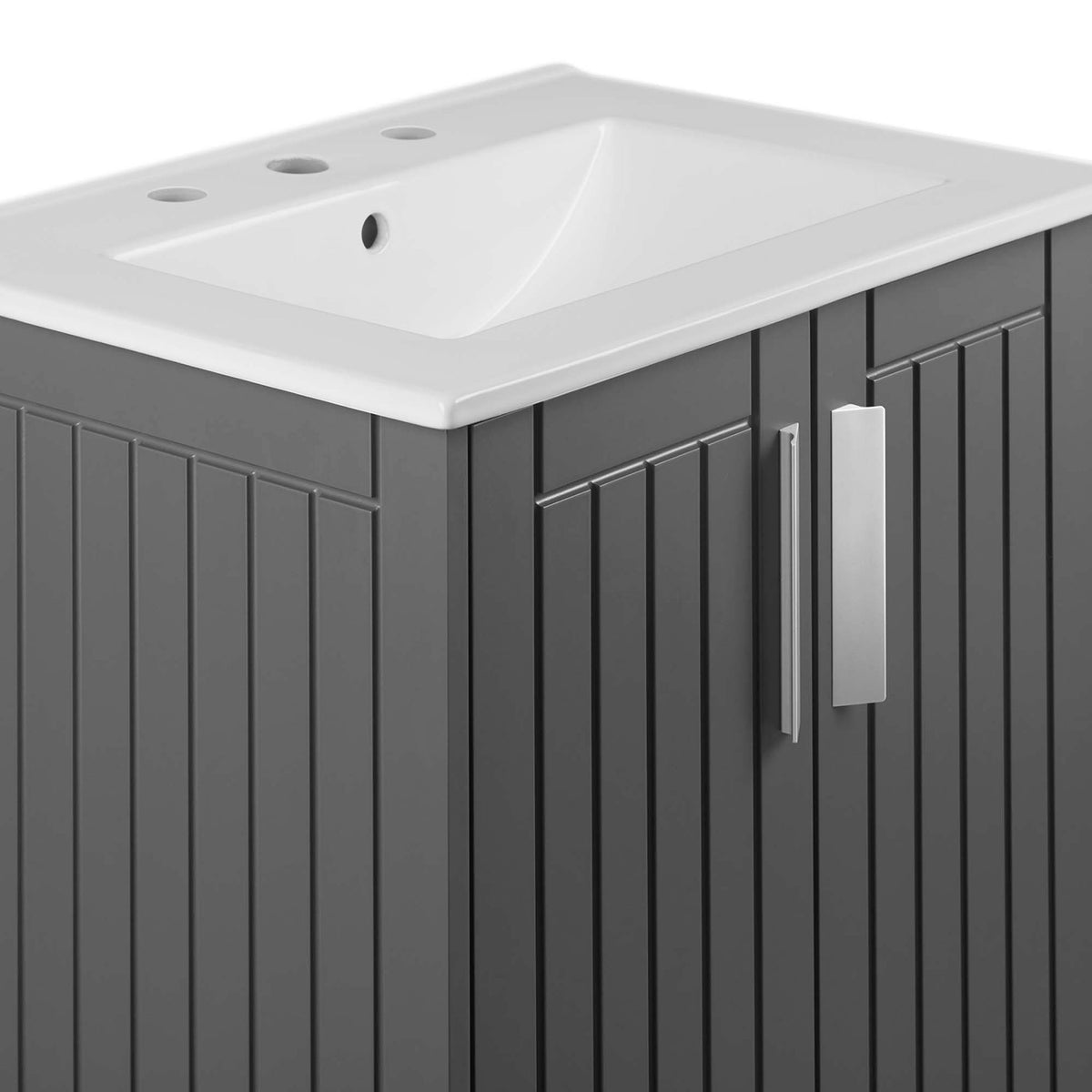 Sleek metal pulls and crisp sink edge accent the vertical paneling || EEI-5800-GRY-WHI || detail_studio